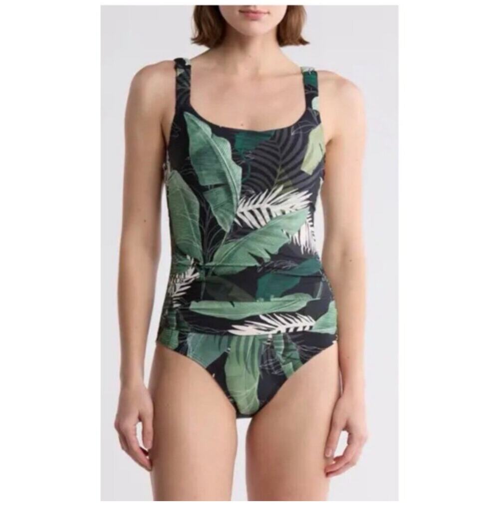 Jantzen Jolie black boho palm tropical Adjustable Straps black swimsuit 14